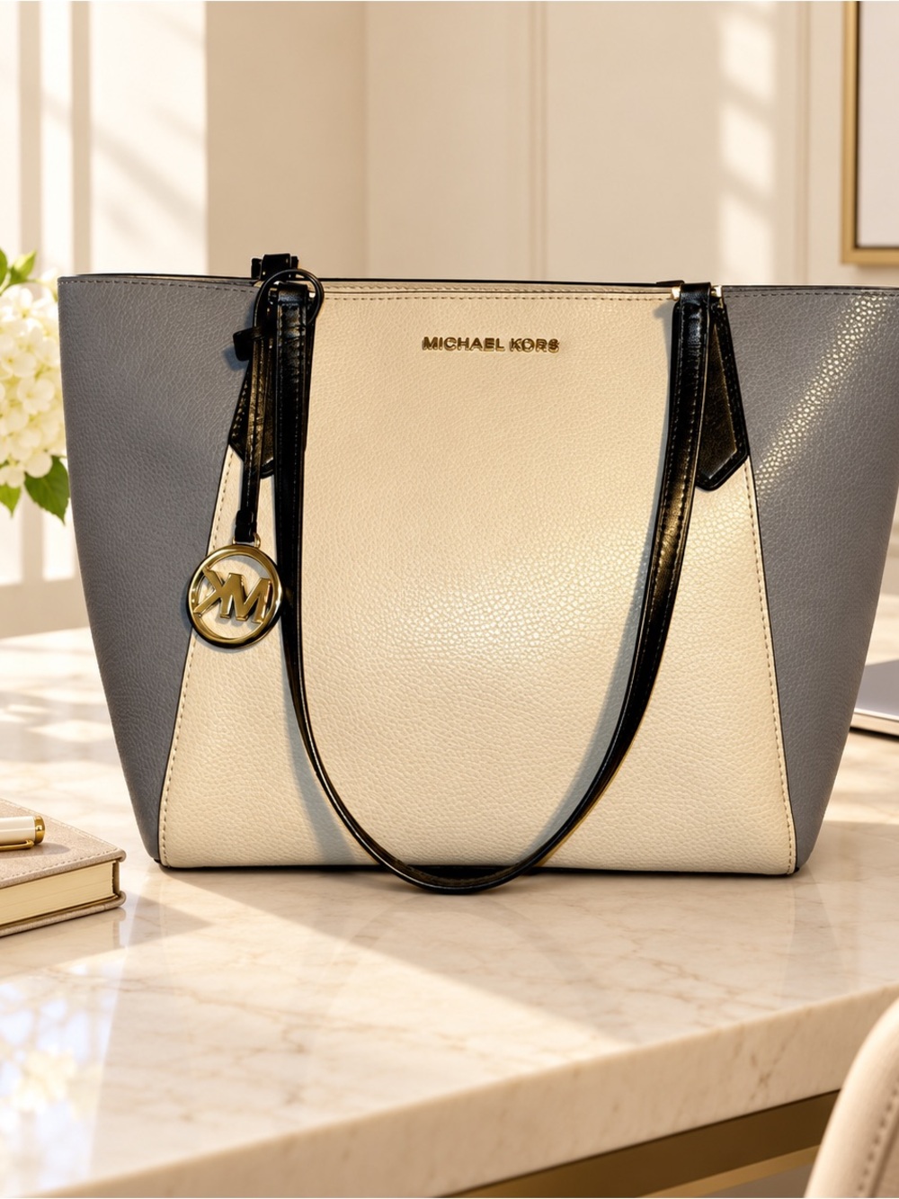 Michael Kors Kimberly Small Pearl Grey Colorblock Tote